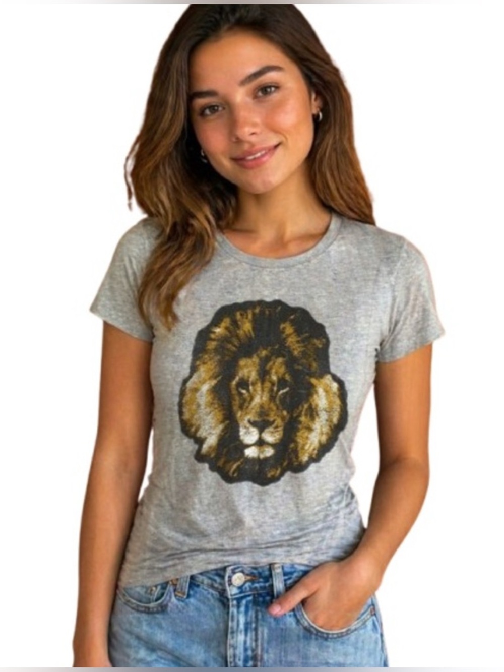 Adam Levine Collection Women’s Lion Graphic Tee T-Shirt Gray Medium M